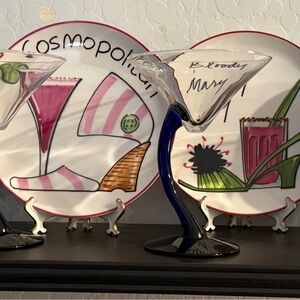 Four Whimsical Retro Party Desert Plates and Stemware